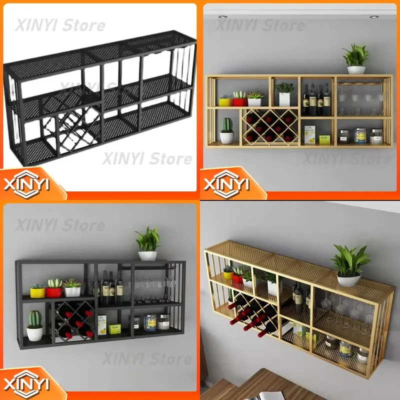 for Simple Wrought Iron Red Wine Rack Wall Mounted Cabinet Living Room Wall Shelf Dining Room Display Rack Glass Storage