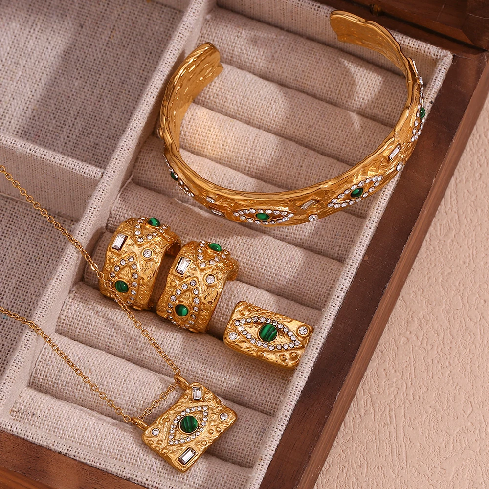 MamacitaSlay Vintage Malachite Evil's Eye Rhinestone Hoop Earrings Bracelet Rings Necklace Stainless Steel Jewelry For Women image 4