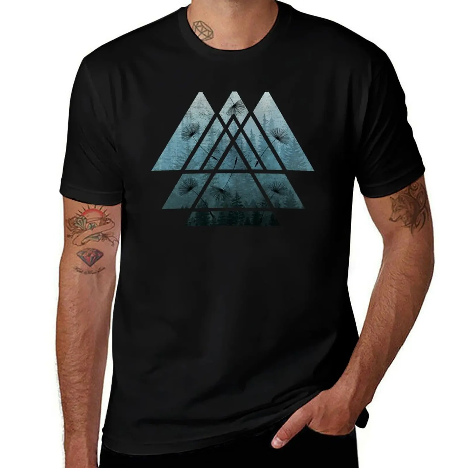 Sacred Geometric Triangles - Misty Forest & Dandelions T-Shirt Plus Size Comfort Fit Tee T-Shirt