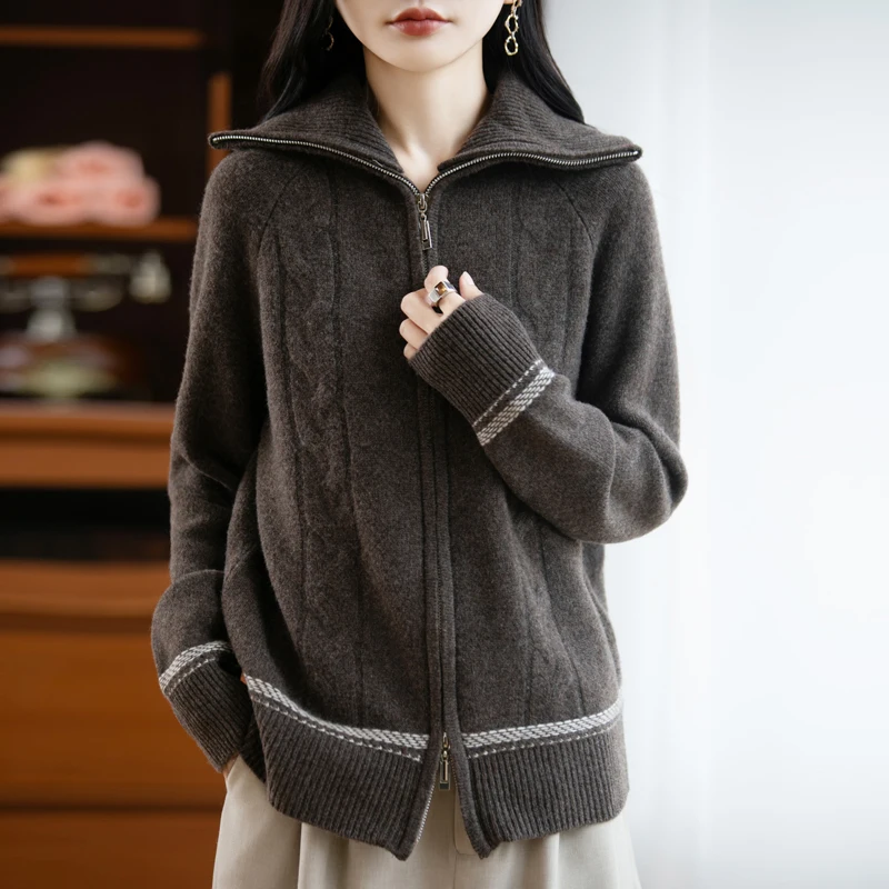 Customization 100% Pure Wool Cardigan For Women With Two-Way Zipper Large High Collar Color-Blocking Thickened Knit Sweater Jack