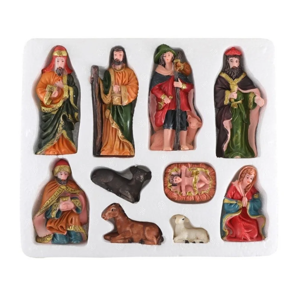 

10Pcs/Set Resin Material Nativity Stable Ornaments Hand Drawn Design Vintage Christmas Manger Scene Empty Stable