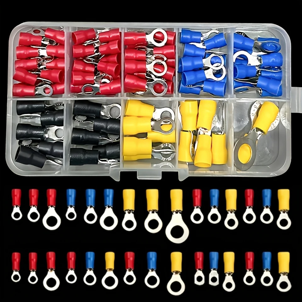 102PCS Insulated Ring Terminals Kit Copper Crimp Connectors O-Type Wire Lugs Assortment Electrical Wire Terminals RV Set