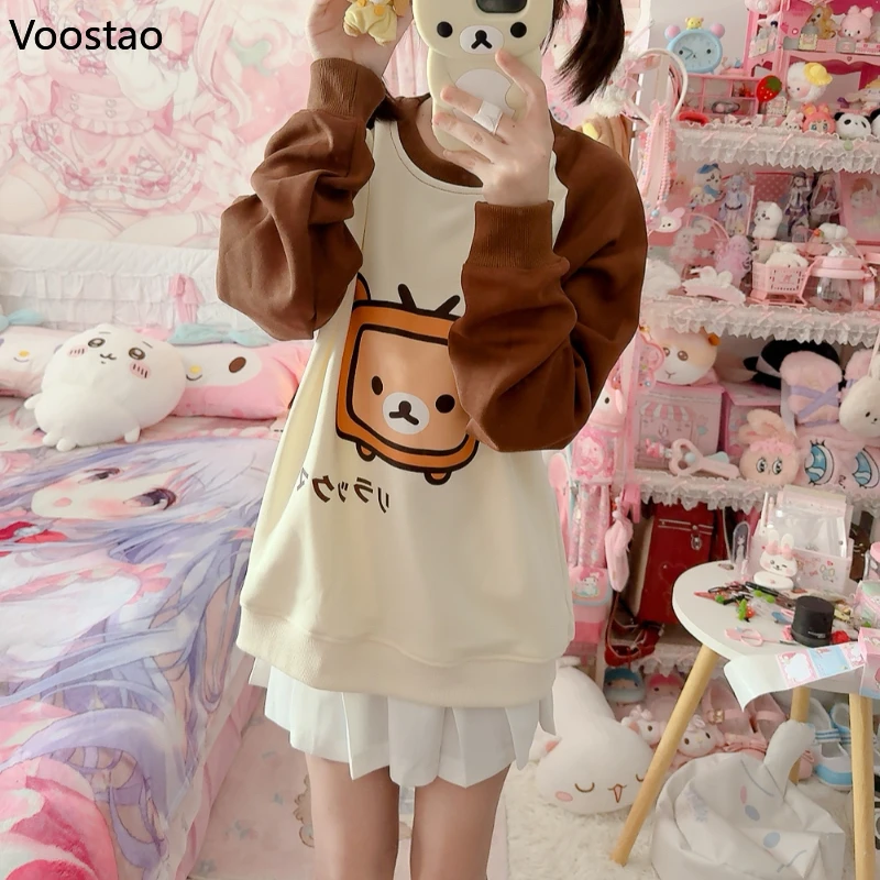 Japanese Kawaii Lolita Bear Print O-Neck Sweatshirts Autumn Women Y2k Grunge Long Sleeve Loose Pullover Girls Sweet Hoodies Tops