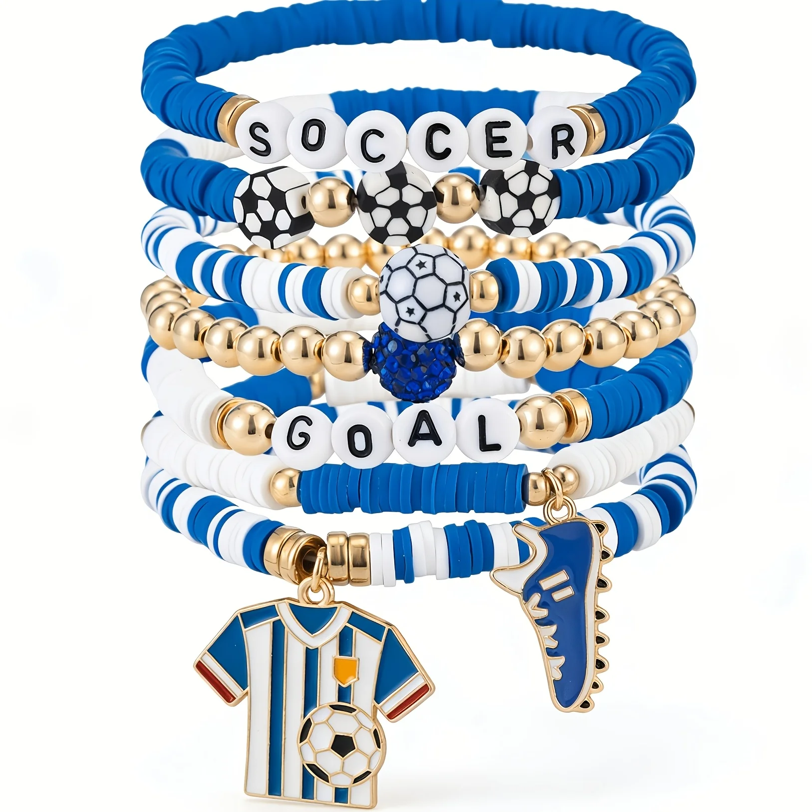 7Pcs Soccer Goal Beaded Bracelet Set, Sport  Charm Stackable Bangle, Ideal Birthday Gift for Soccer Fans Girls Boys