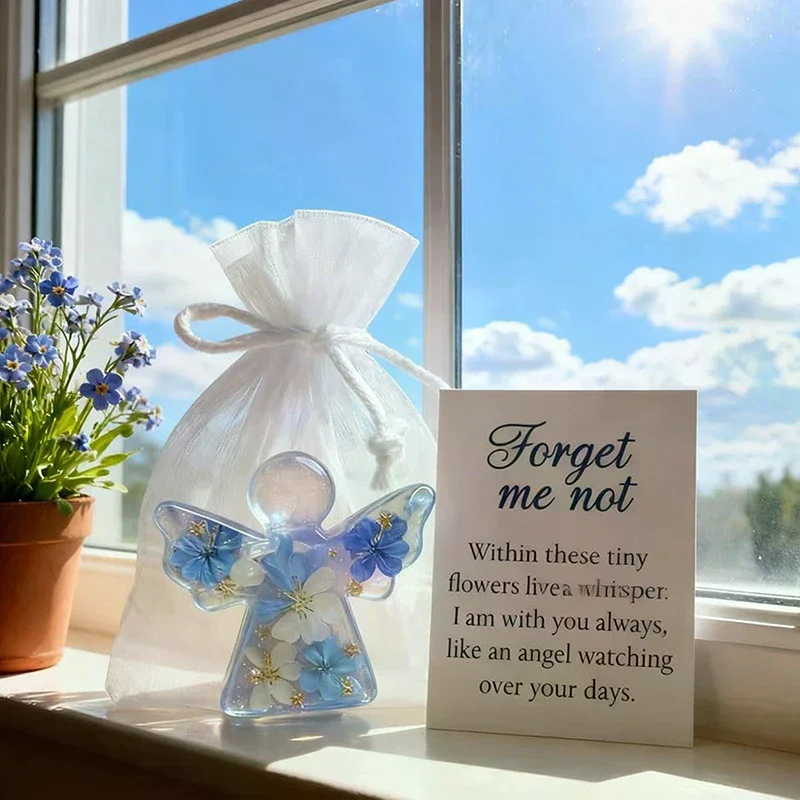 Forget Me Not Dried Flower Angel Keepsake, Mini Resin Guardian Angel Figurine With Organza Bag And Sympathy Card