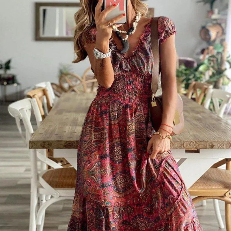 

Women's Bohemian Slim Waist Floral Print Large Swing Dress Summer Short Sleeve Sleeve Long Dresses For Women 2023