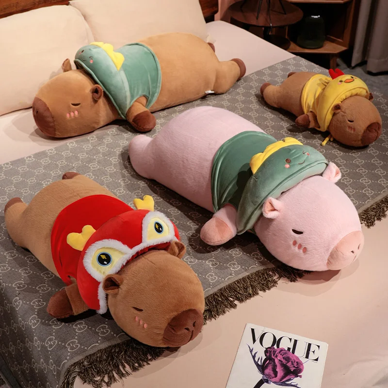 Adorable capibara, almohada larga, juguetes de peluche, sombrero, pollo, dinosaurio, muñecos de peluche suaves, decoración, regalos de cumpleaños para bebé