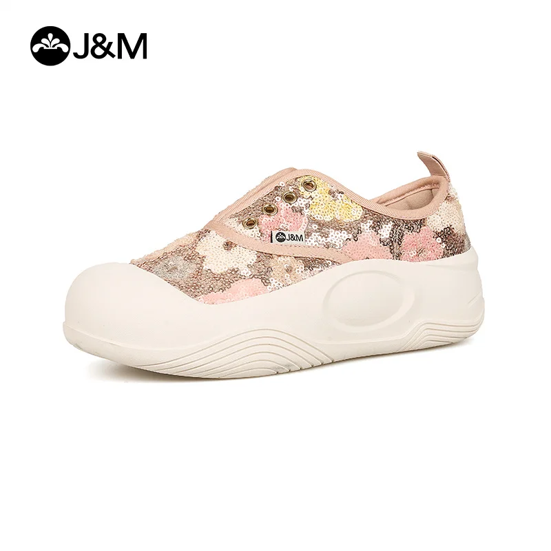 

J&M Women Loafers 2024 Fashion Spring Summer Sequins Flower Rubber Platform Slip-On Casual Shoes Breathable White Sneaker