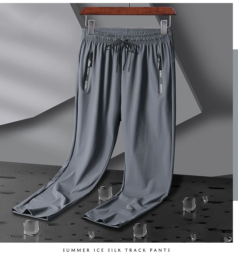 Men's Athletic Stretchy Ice Silk Quick Dry Pants Zipper Pockets Lightweight Sweatpants Outdoor Hiking Breathable Running Workout