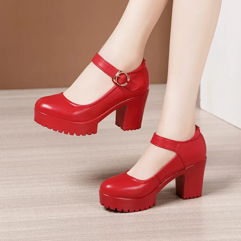 6 8 10cm Small Size 32-43 Shallow Thick Bottom Genuine Leather Shoes Platform Pumps 2024 Block High Heels Shoes Office Model