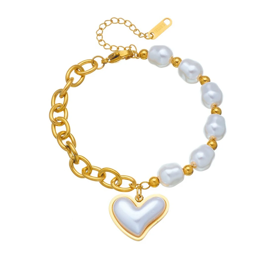 

Vintage Fashion Simulated Pearl Heart Charm Bracelet Gold Color Stainless Steel Hand Chain Link Bracelet for Woman Jewelry Gift