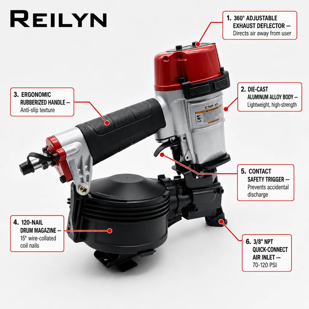 Roofing Coil Nailer CRN45 Pneumatic Siding Nailer Roof Shingles Nail Gun 19-45mm Coil Nails Asphalt Woodworking Tools