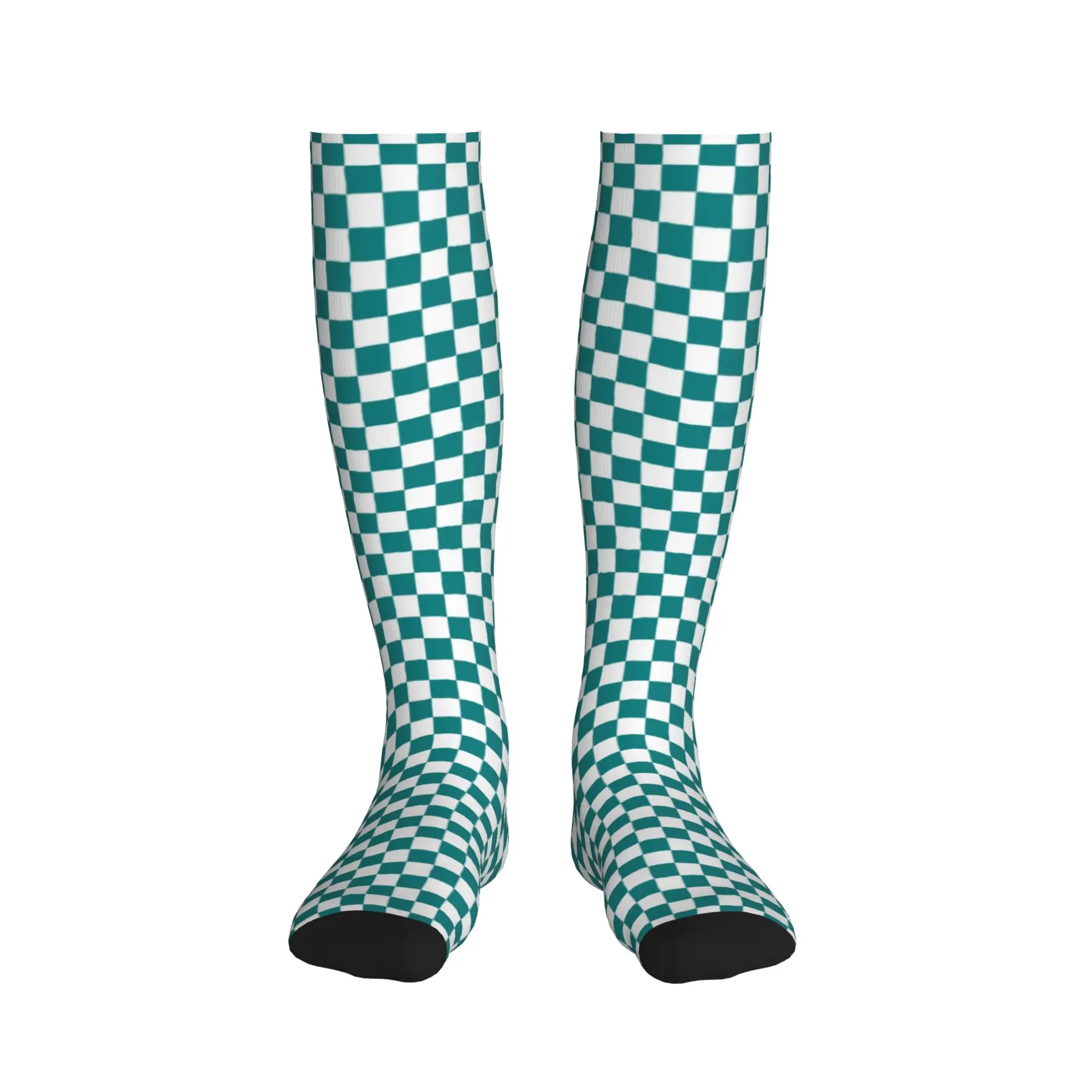 White and Teal Green Checkerboard Plaid Men's Sports Compression Socks Unisex Funny  Spring Summer Autumn Winter Dress Socks view 2
