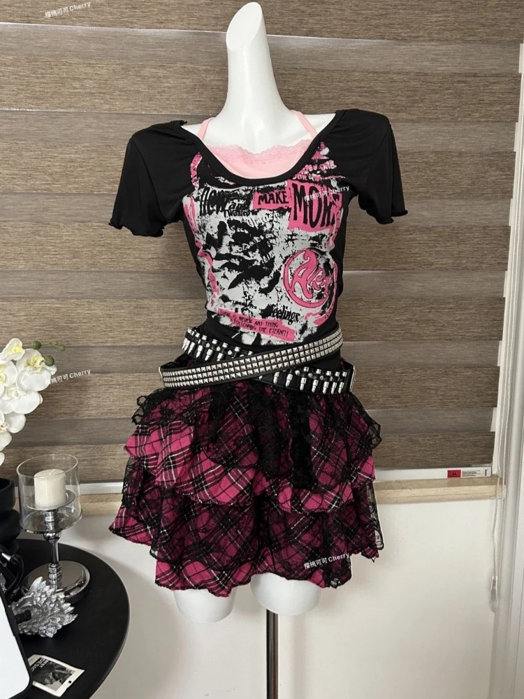 

Gothic Vintage Punk Y2K Clothes 2000s Two-piece Set T-Shirts Lace Patchwork American Graphic T Shirt Short-sleeved Top Aesthetic