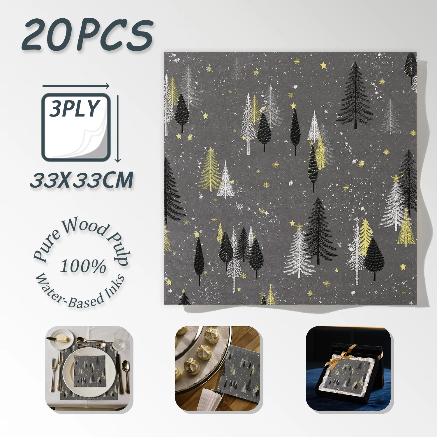 

20 шт., бумажные салфетки с принтом «Звездный лес», из чистой древесной целлюлозы, 33x33 см-3 слоя, одноразовые салфетки для декупажа для зимней вечеринки, декоративные