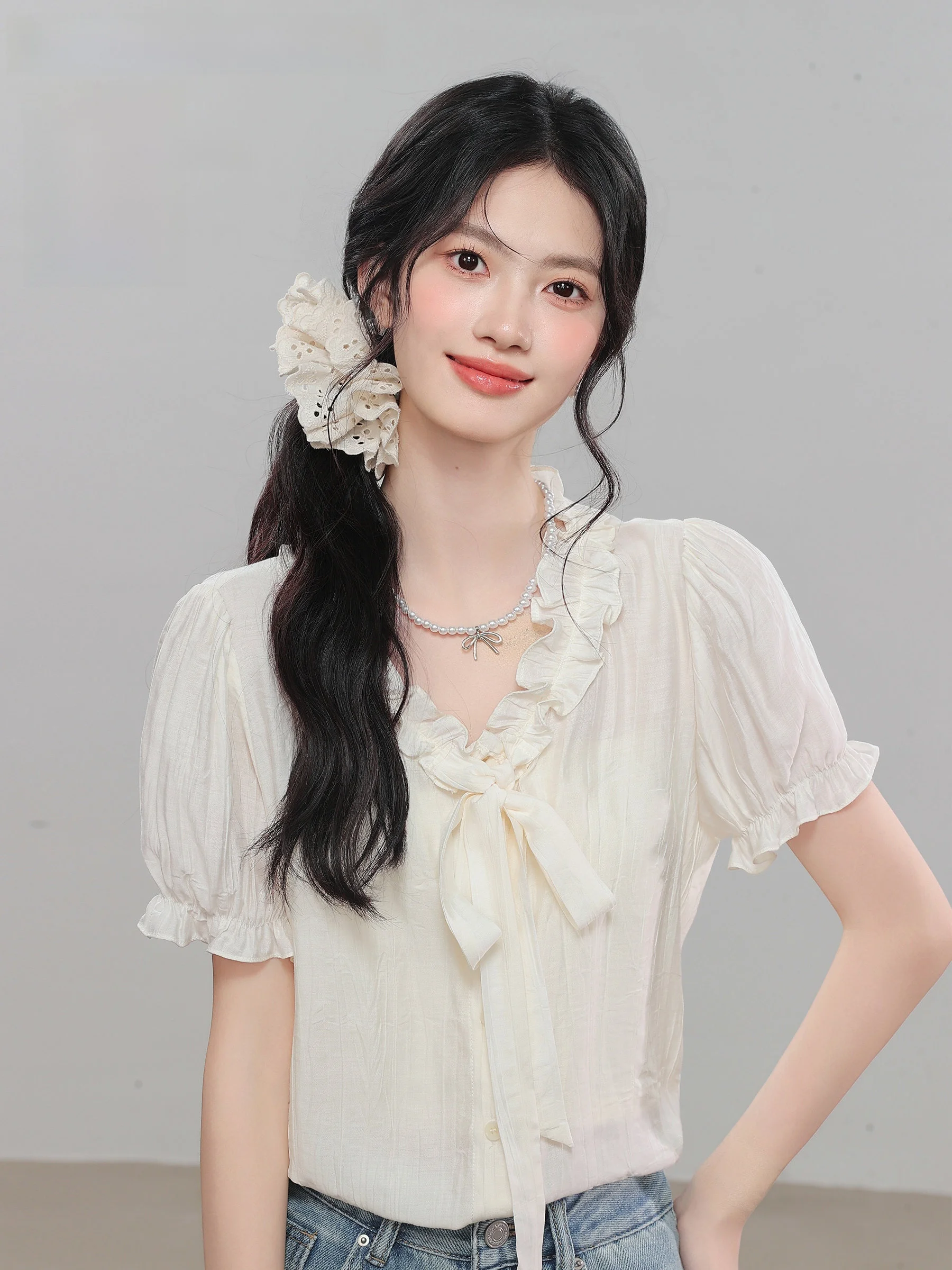 

Женский летний топ Lingjiu в стиле ретро, абрикосовый, с коротким рукавом-фонариком, V-образным вырезом, утягивающий, из полиэстера