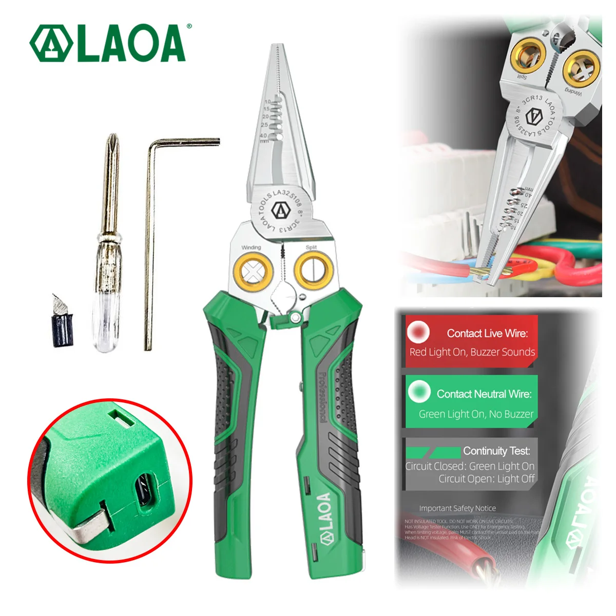 LAOA 8-in-1 Electrician Pliers Wire Stripper Cutter Voltage Tester Rechargeable w/ Free USB-C Cable