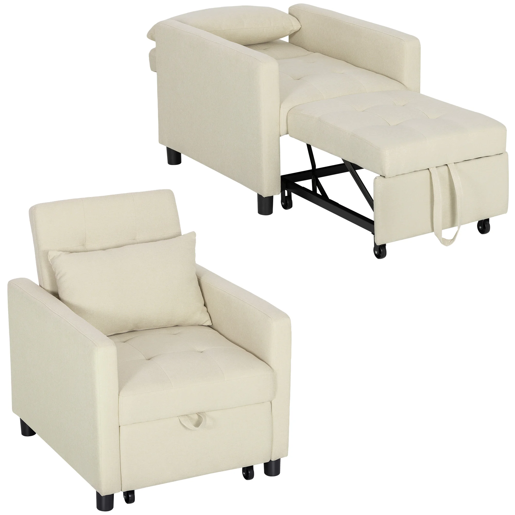 HOMCOM Sofá Cama de 1 Plaza Tapizado en Lino con Respaldo Ajustable de 3 Niveles y Almohada Acolchada 69x82,5x84 cm Beige