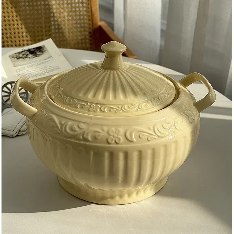 3L Milk Yellow Soup Pot Nordic Vintage Double Eared Bowl Light Luxury Relief Soup Basin Ceramic With Cover Pig Oil Tank