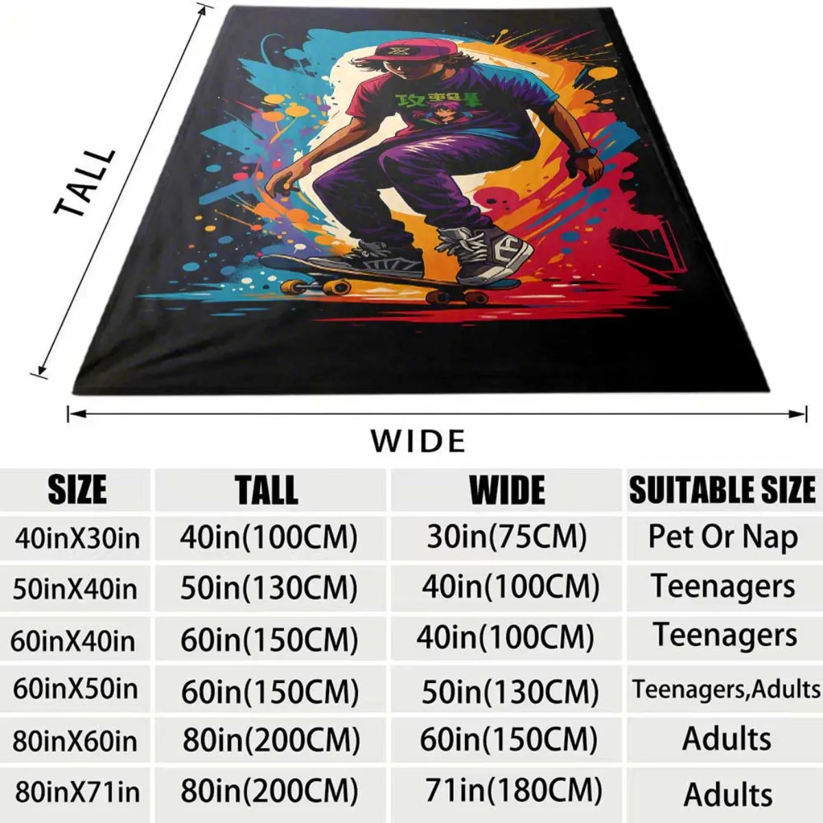 Vibrant Street Art Skater Boy Throw Blanket Cozy Indoor Decor Gift for Him
