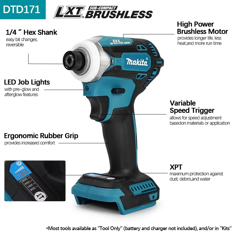 Makita Original DTD171 Brushless Impact Driver Rechargeable Screwdriver Drills Cordless Power Tools 18V BL Motor Bare Tool Unit