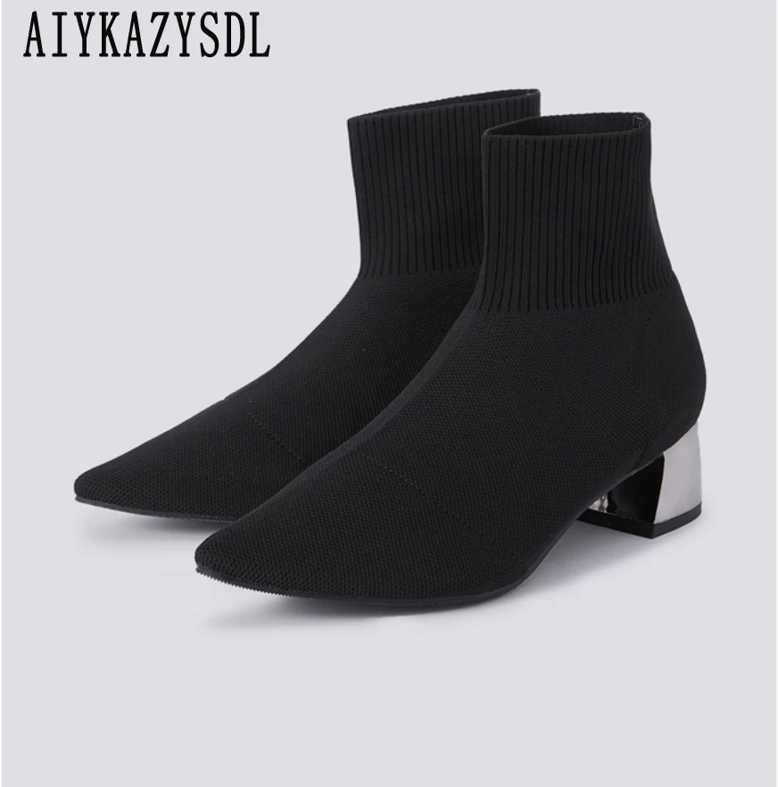 

AIYKAZYSDL Crochet Knit Ankle Boots Stretch Booties SockBoots Women Square Block Low Heel Autumn Spring Shoes Plus Size 41 42