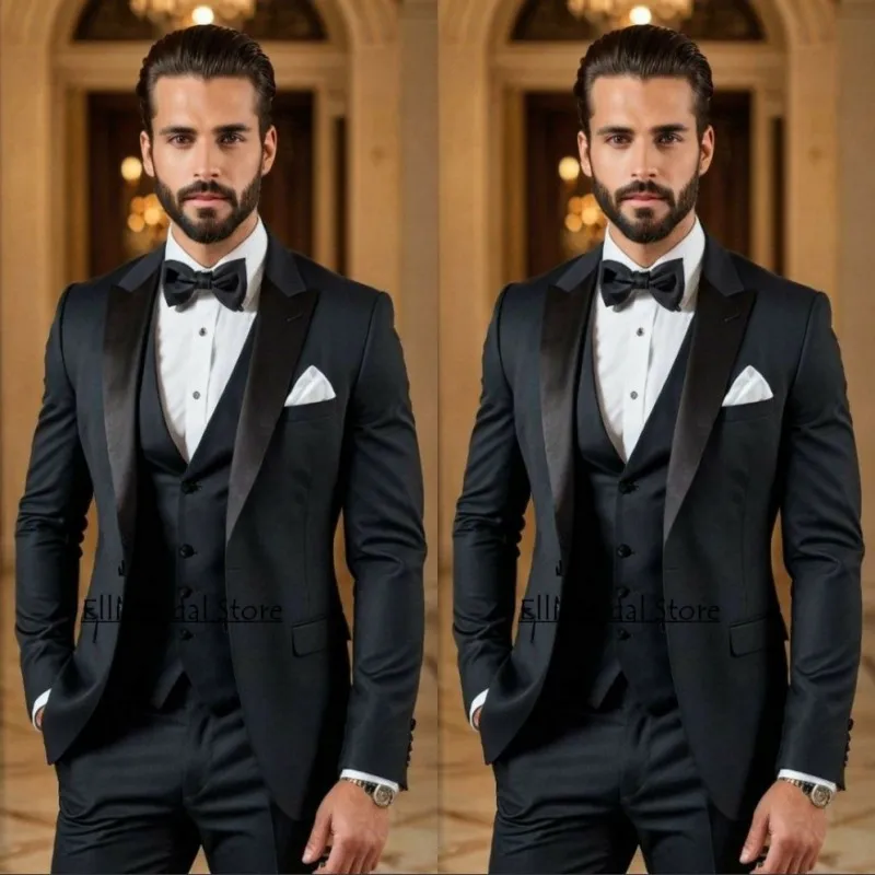 Silm Black Man Suits Wedding Costume Three Pieces Groom Tuxedo Man Suits Male Blazers (Coat+Pants+Vest) Customized