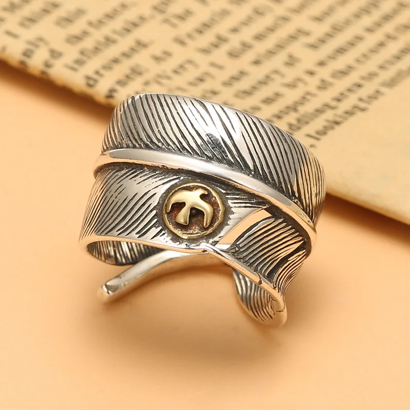 

S925 sterling silver feather ring ornament fashion gold retro men's and women's fashion simple opening ring