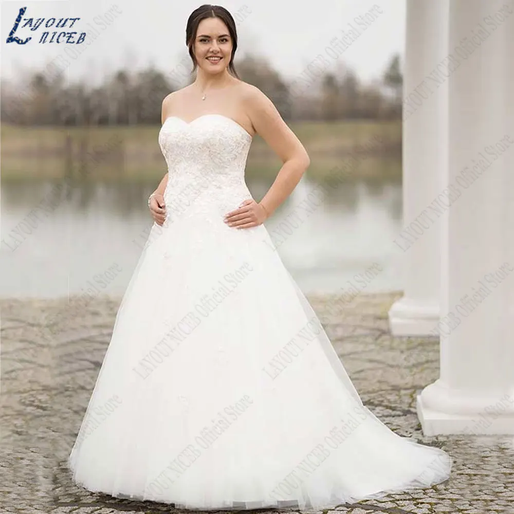 NICEB-vestido de novia sin tirantes, prenda de vestir de talla grande, línea A, encaje, Espalda descubierta, tul, hecho a medidaNICEB-vestido de novia sin tirantes, prenda de vestir de talla grande, línea A, encaje, Es