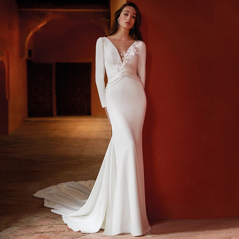 Robe de Mariée Élégante en Satin à Manches sulfpour Femme, Charmant, Col en V, Simple, Patient Sirène, Quelle que soit la Traîne, Style Boho, 2023 L'élégante robe de mariée à manches longues 2023 femme charmante visage