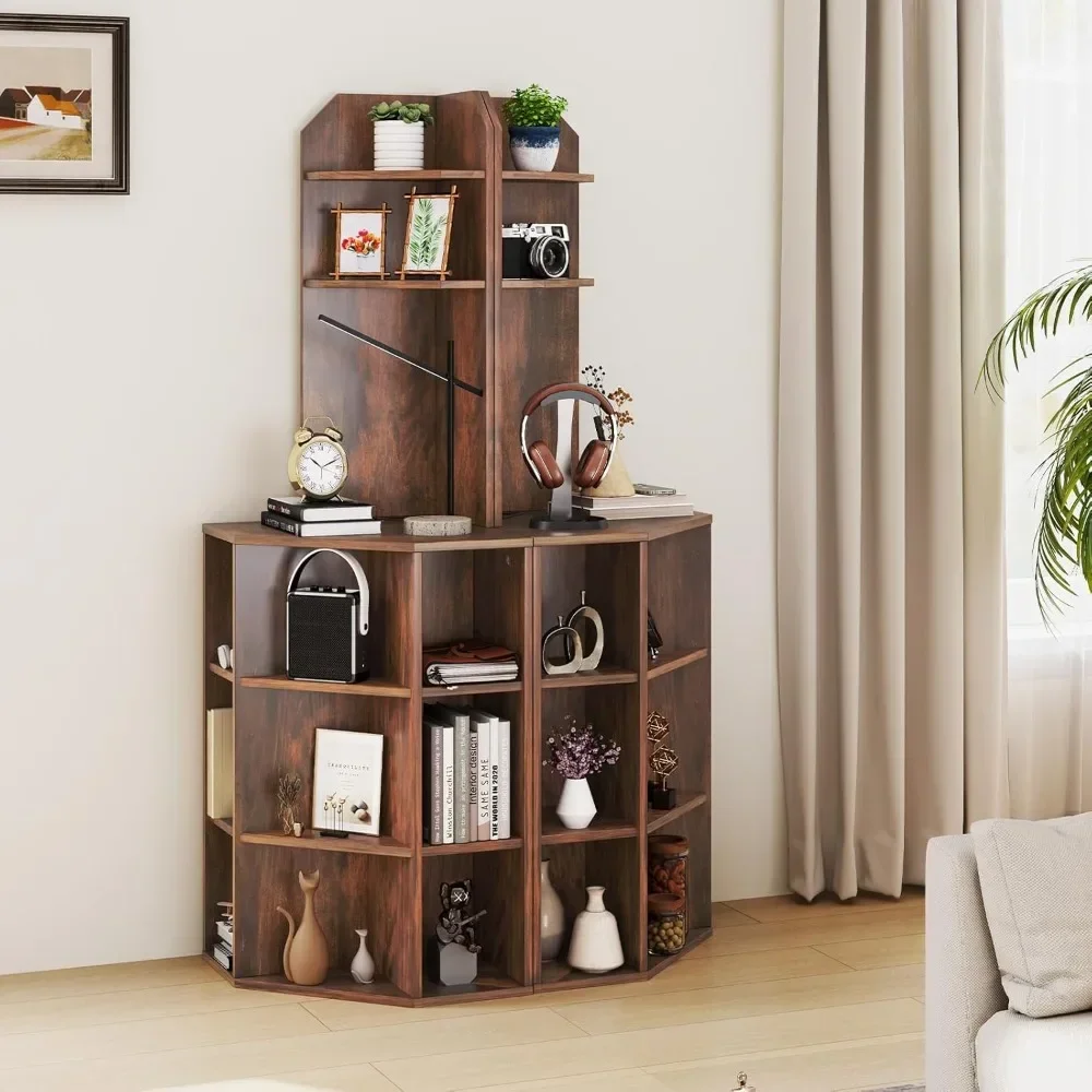 

Corner Shelf with Charging Station, Wooden Bookshelf with 2 USB Ports & 2 Outlets, Perfect for Space-Saving Storage