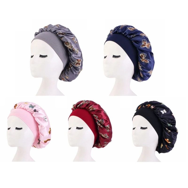 

Trendy for Butterfly Print Hair Care Sleep Bonnet Hat Wide Brim Night Hair Chemo Hat Turban Hat