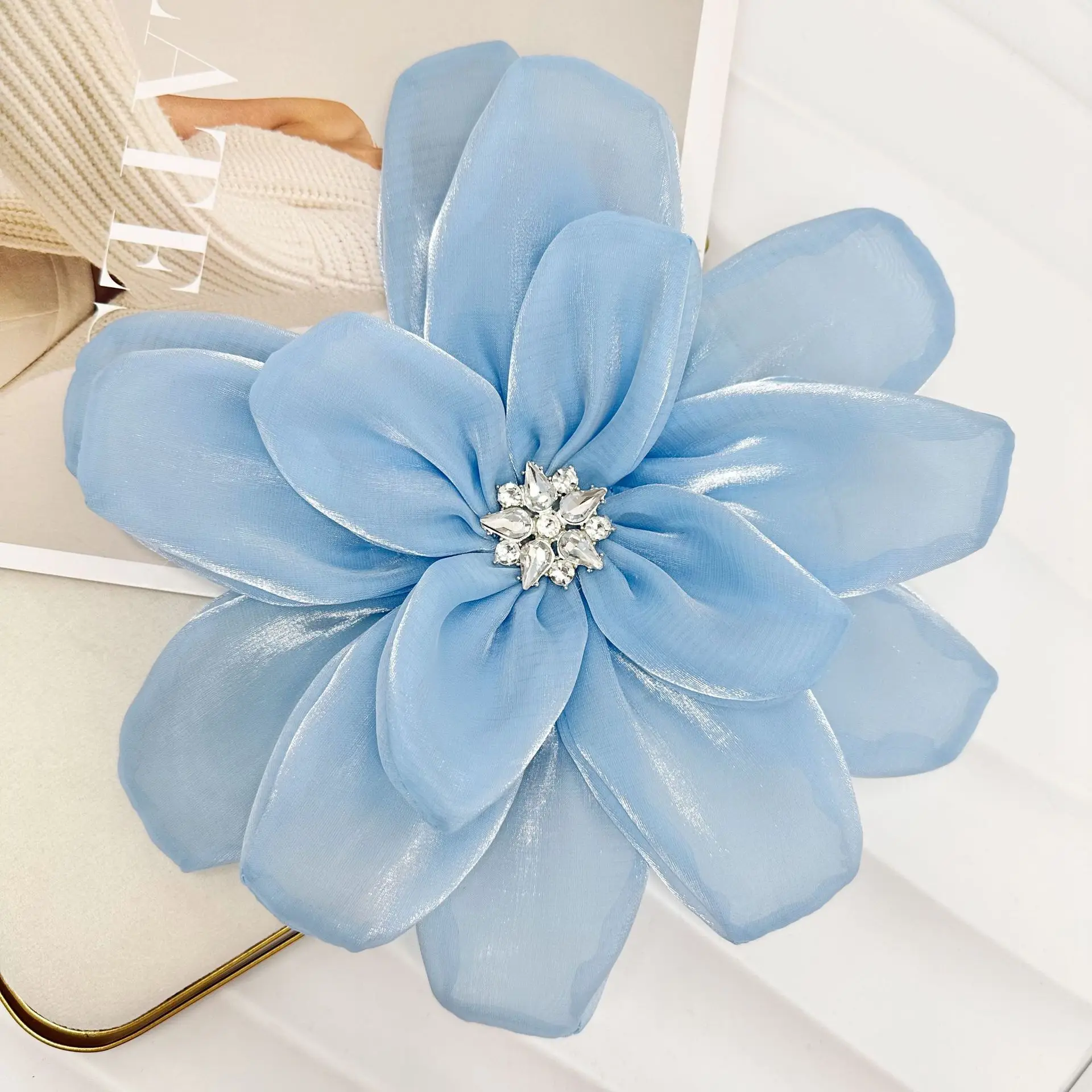 New Floral Satin Chiffon Fabric Applique Multi-layer 3D Brooch Corsage Flower and Rhinestone DIY Headdress Clothing Accessories