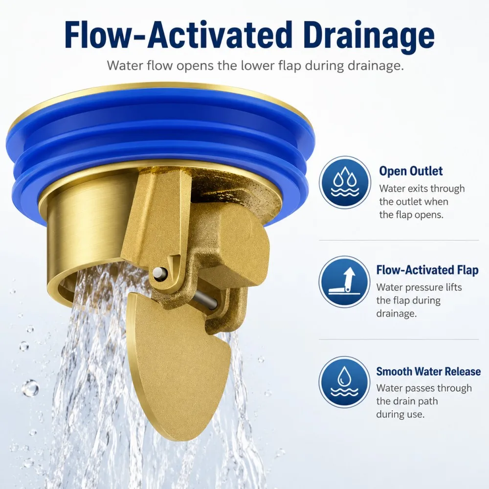 Bathroom Floor Drain Insert Gold Tone Drain Core with Blue Silicone Ring Flow Activated Flap for Shower Kitchen Drain Hole Cover