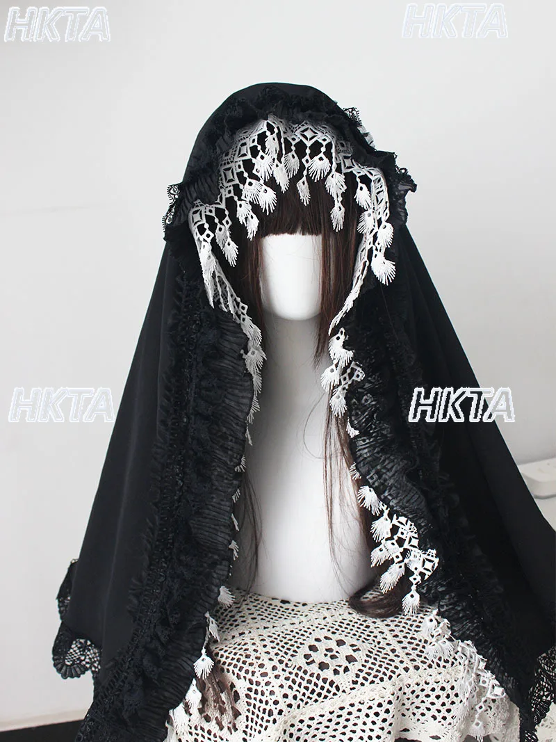 

Lolita Dress Dark Elegant Headscarf Hair Accessories Women Gorgeous Lace Black White Shawl Bonnet Headbands Female Cosplay
