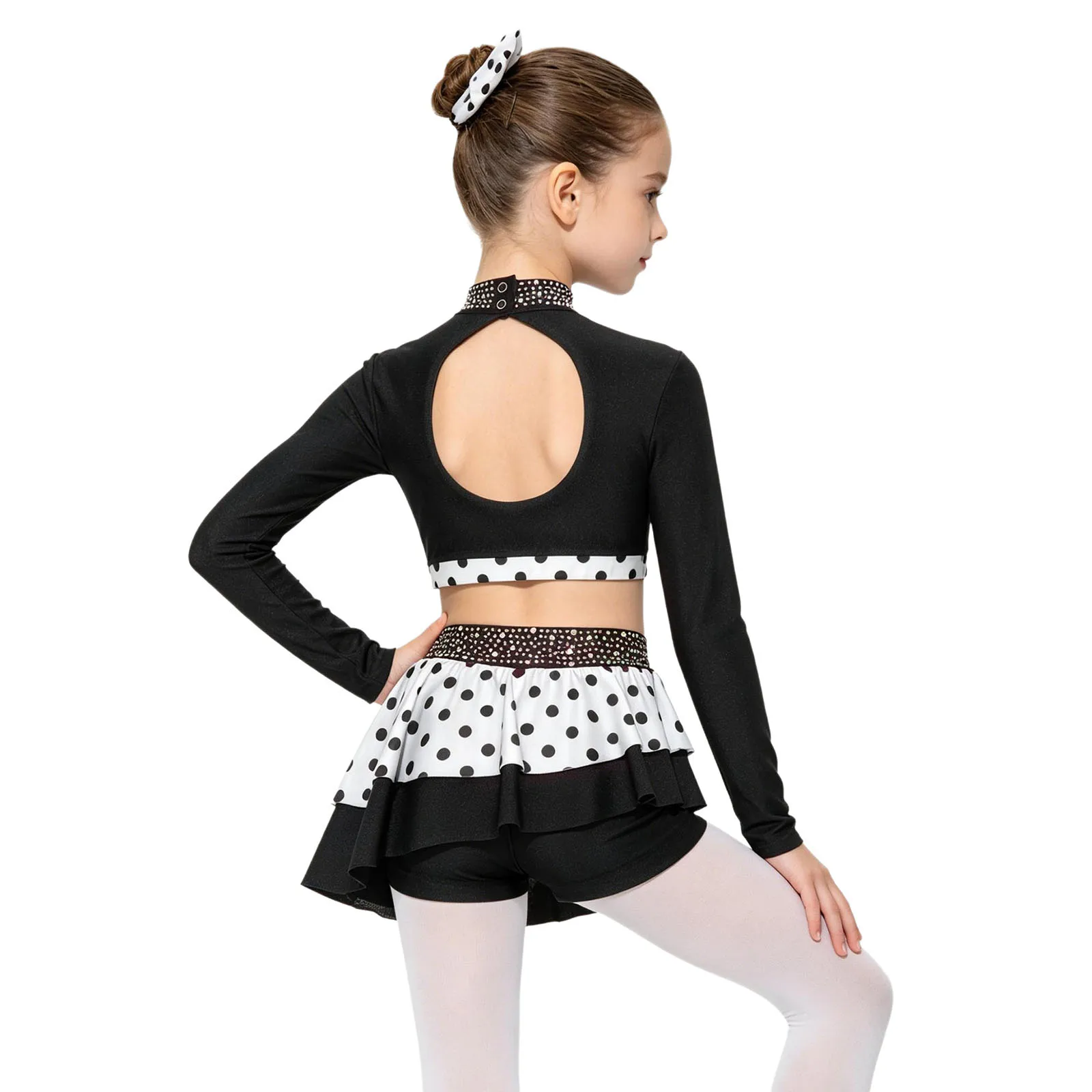 Girls Dance Suit Shiny Rhinestones Jazz Dance Outfit Long Sleeve Crop Top with Skirted Shorts Competition Performance Costumes