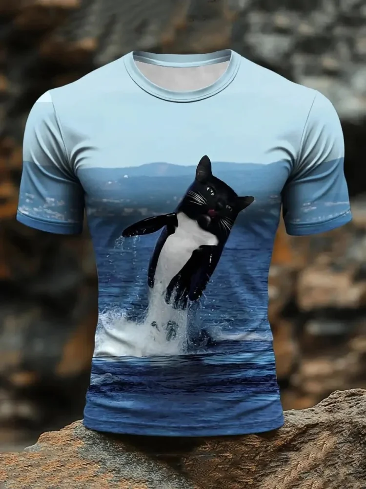 

Модная мужская повседневная футболка с забавным принтом кота, праздничная футболка с круглым вырезом и коротким рукавом, шикарные синие футболки, лето 2024, унисекс, спортивные туники для спортзала