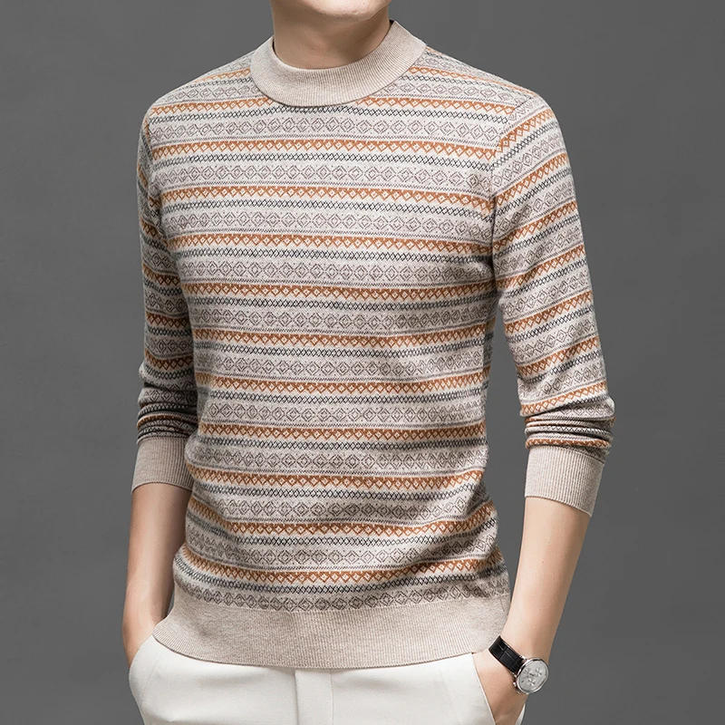 Men's 100% wool sweater semi high neck knitted casual versatile autumn winter fashionable color matching long sleeved pullover