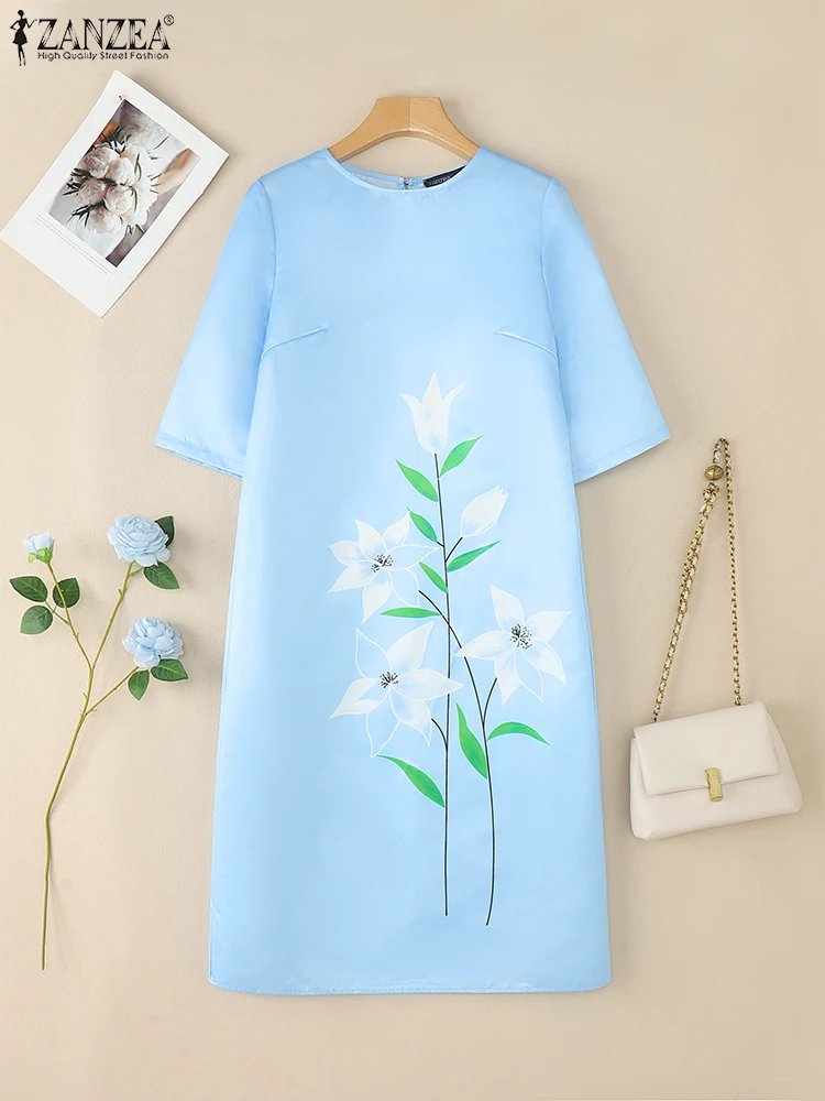 ZANZEA エレガントサテンミディドレス女性カジュアル O ネック 3/4 スリーブ花柄ローブファム 2025 秋ルーズ通勤 Vestidos