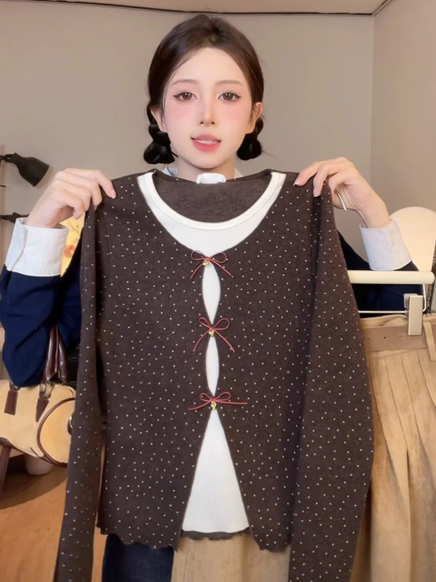 Korean Style Polka Dot Bow Long Sleeved T-shirt Women Temperament Curled Edges Fake two-piece Top Versatile Slim O-neck Pullover
