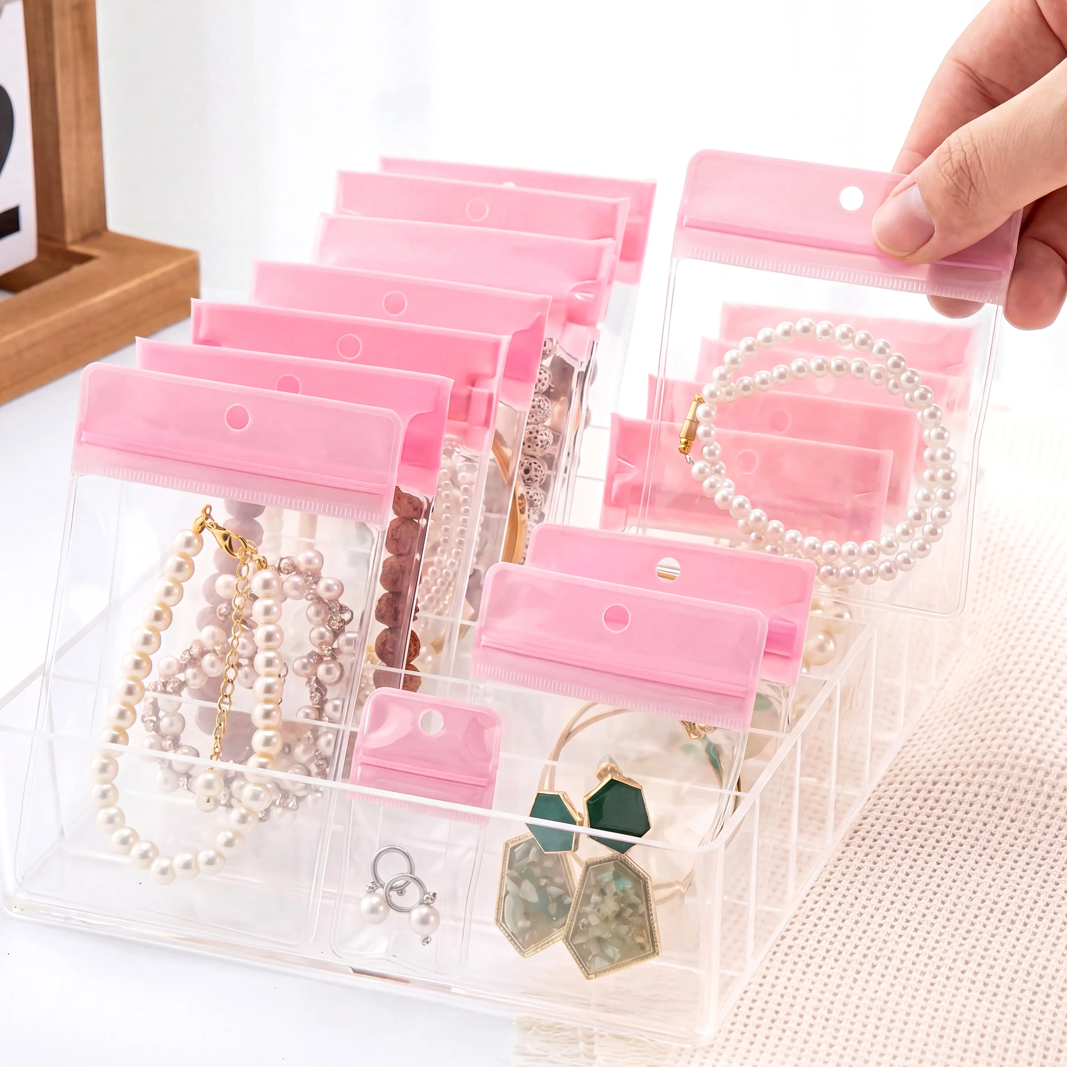 10Pcs/bag Multi Size EVA Pink/Purple/Blue Mouth Transparent Self Sealing Bag For Jewelry Earrings Bracelets Necklaces Packaging
