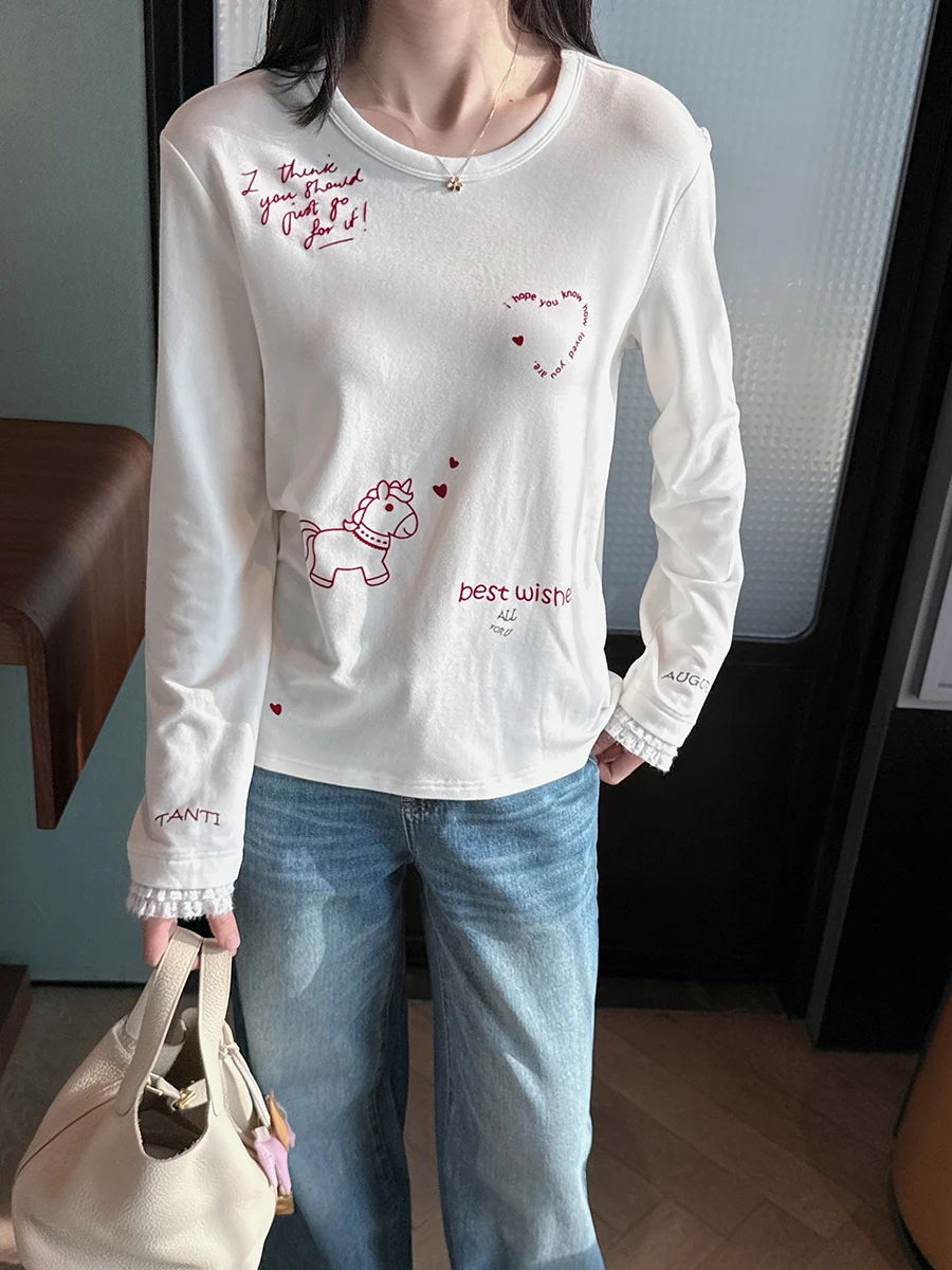 

Cute Red Letter Embroidery Long Sve T-irt Fce Brued Lace Flower Sve round Ne Design Lovely Wi for Ladies