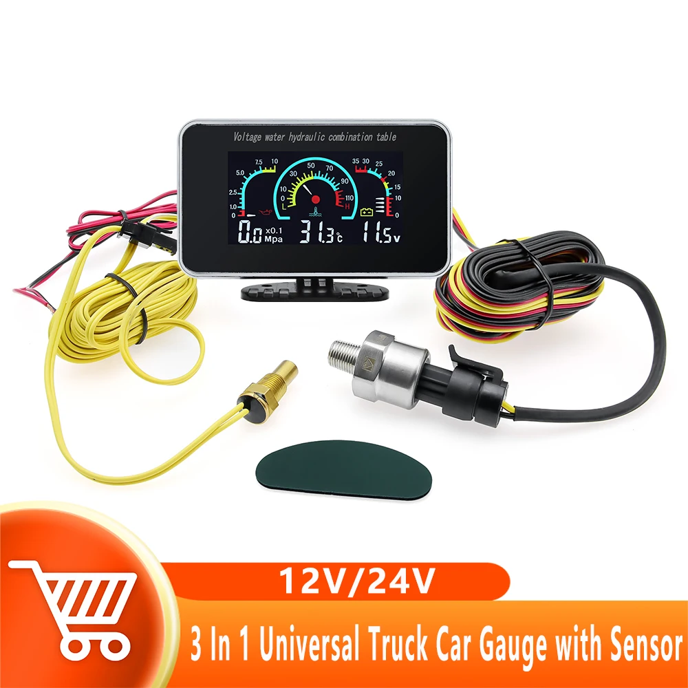 

Universal 3 in 1 LCD Car Digital Gauge Oil Pressure Sensor Water Temperature Voltmeter 12V/24V with 10mm Sensor for Truck Car