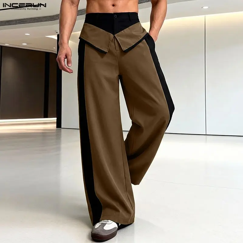 INCERUN Men's Pants Patchwork Color-block Button Joggers Trousers For Man Streetwear Loose 2026 Stylish Casual Wide Leg Pants