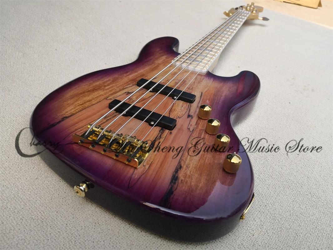 5 strings purple bass guitar jb bass fixed bridge spalted maple top gold tuners active battery maple neck