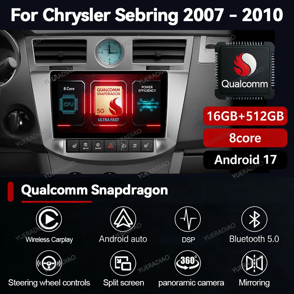 Radio para Auto Android 17 para Chrysler Sebring 3 JS Cirrus 2007-2010, Reproductor Multimedia Qualcomm con GPS, Navegación, 4G, WIFI, 2DIN, QLED, Bluetooth