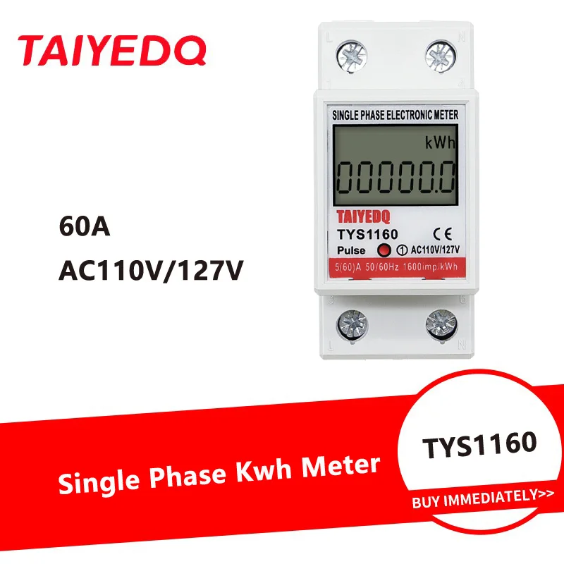 

60A AC110V AC127V Single Phase Energy Meter kWh LCD Power Consumption Meter Electricity 50/60Hz TYS1160