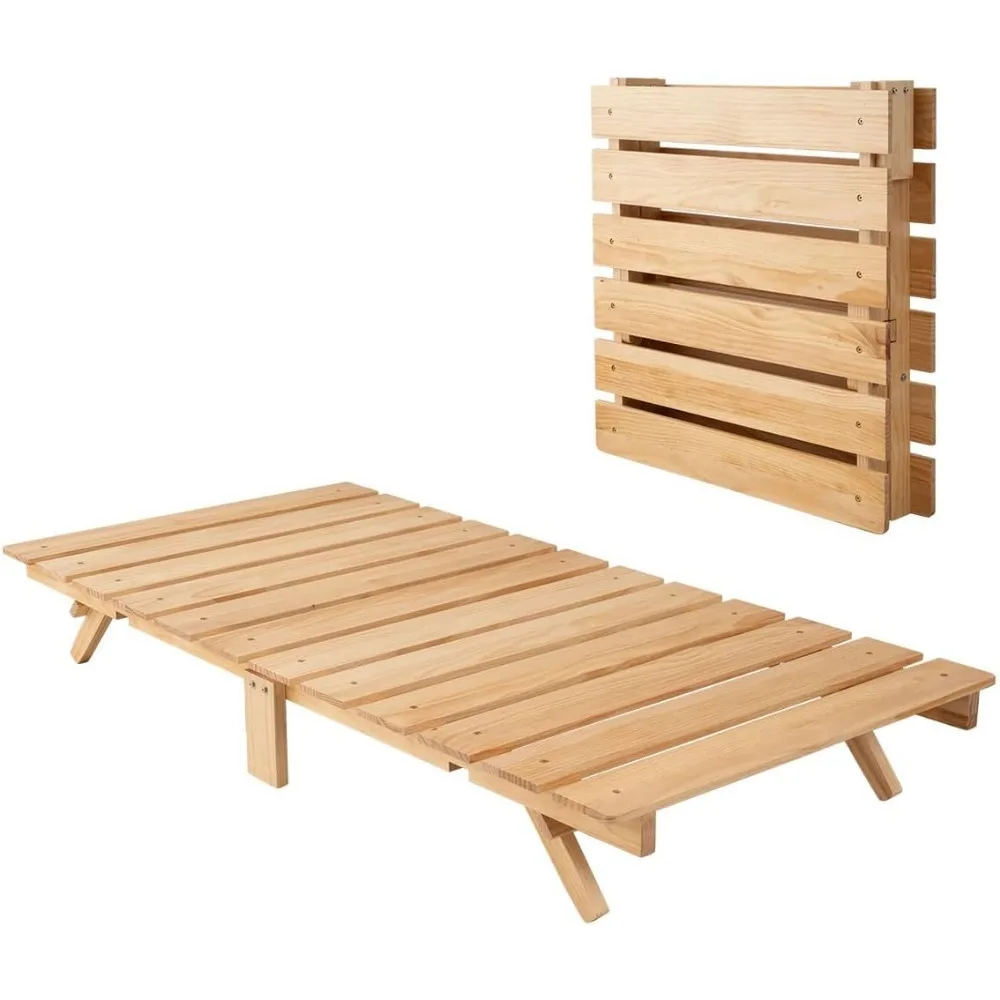 Foldable Wood Slatted Floor Bed Frame OSMOS Twin Solid Pine (Earth-Natural),Easy Assembly Space Saving Storable Floor LifeTatami