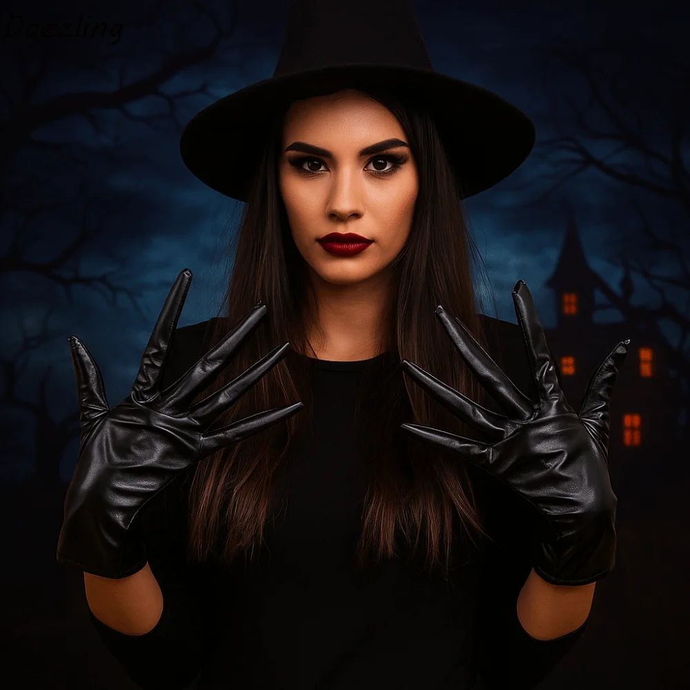 

Slender Fingers Halloween Gloves Short Black Ghost Claw Mittens Performance Prop PU Leather Cosplay Costume Gloves