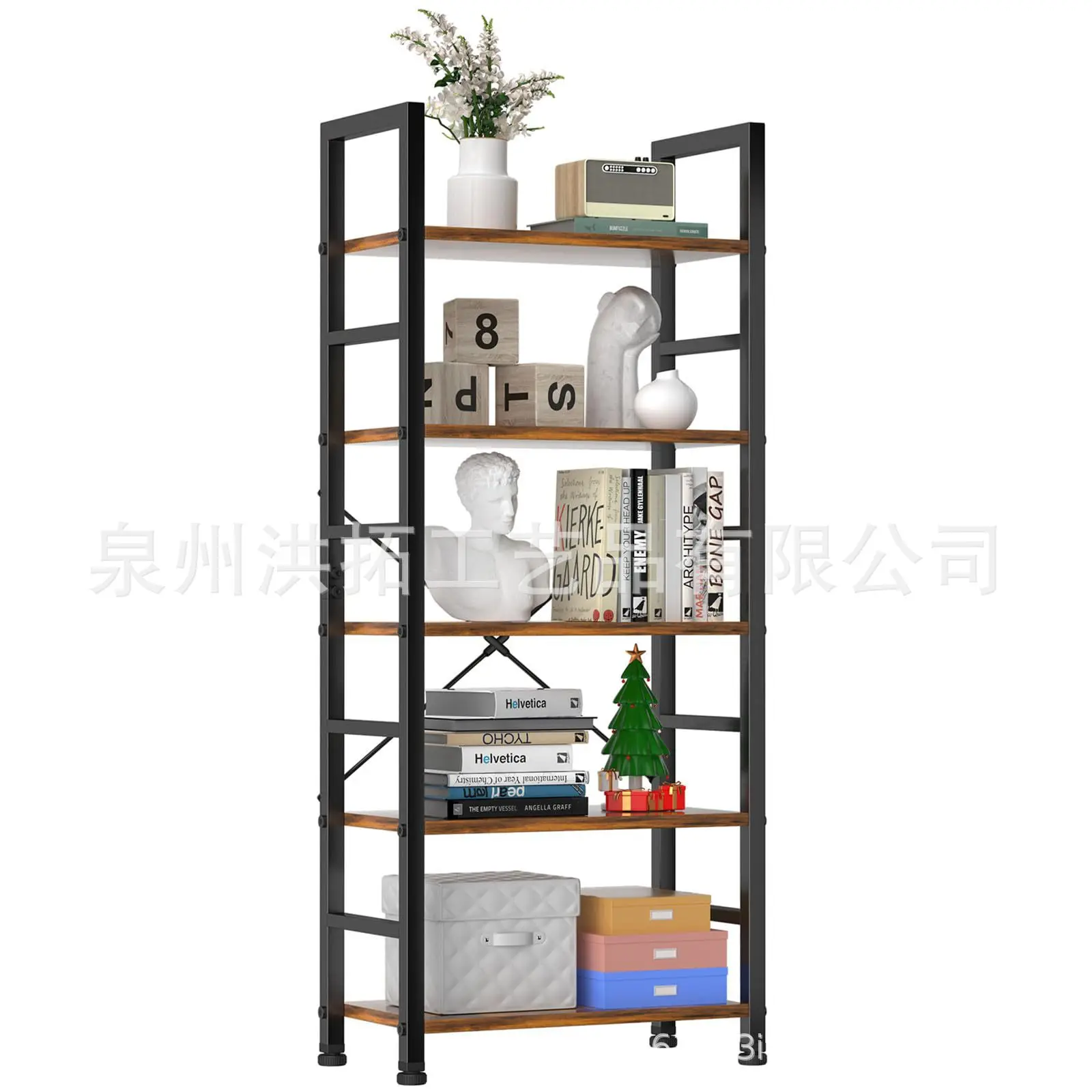 

stom multi-layer shelves, five-layer iron and wood bookshelves, floor-mounted bookcases, modern high bookshelves
